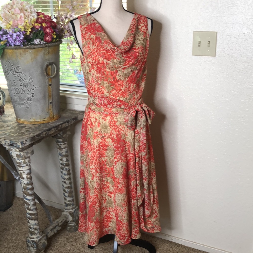 Lauren Ralph Lauren coral and tan floral fit and flare dress